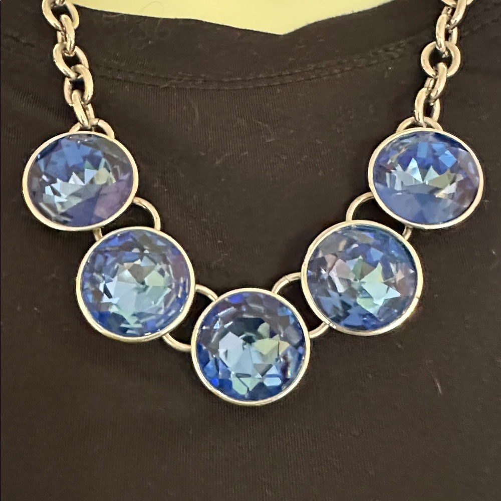 Kenneth Cole Large Blue Bezel Cut Rhinestone & Shiny Silver Tone Necklace - Picture 2 of 5